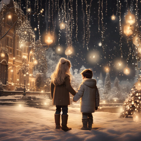 Cute little boy and girl in winter clothes standing in front of Christmas treeの素材