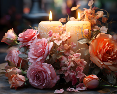 Burning candles with pink roses bouquet on wooden table in vintage styleの素材