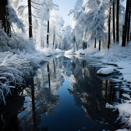 Winter landscape with trees in the forest and reflection in the water.の素材