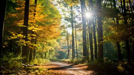 Autumn forest with sun shining through the trees. Beautiful nature backgroundの素材