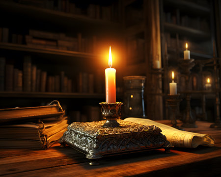 Old books and candles on the table in the library. Halloween conceptの素材