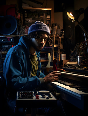 Young african american man playing on synthesizer in recording studioの素材