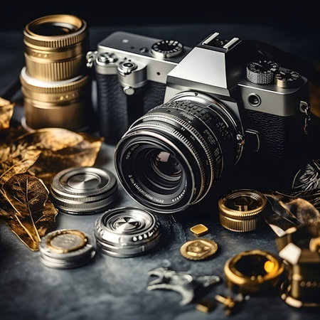 Vintage camera and accessories for the photographer on a dark background.の素材