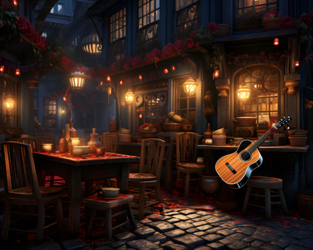guitar in the old town, 3d render, illustrationの素材