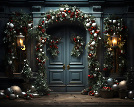3D rendering of Christmas decorations in front of a wooden door.の素材