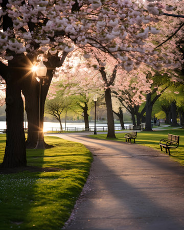 Cherry blossoms in full bloom in the park at sunset.の素材