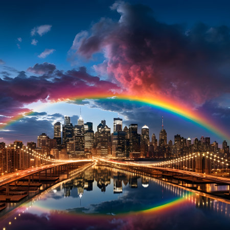 New York City skyline with rainbow over Hudson river at night, USA.の素材