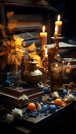 Still life with candles, books and candlesticks on the tableの素材