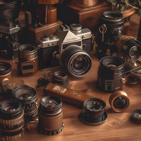 Vintage cameras and lenses on a wooden background. Retro style.の素材