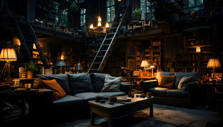 Interior of a cozy living room at night. Night scene.の素材