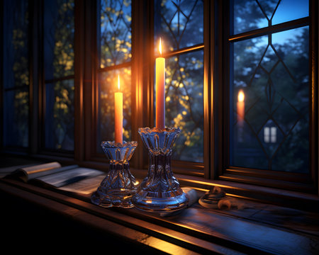 Candles on the windowsill in the evening light. 3D renderingの素材