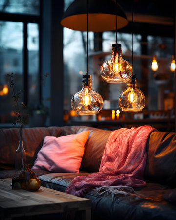 Vintage incandescent lamps decorating a living room in a modern houseの素材