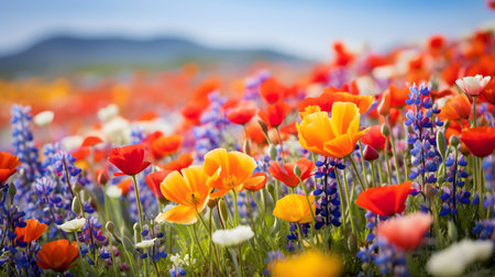 Colorful field of poppies and bluebells in springの素材