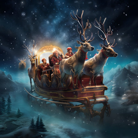 Santa Claus and three reindeers in a sleigh pulled by three wise menの素材