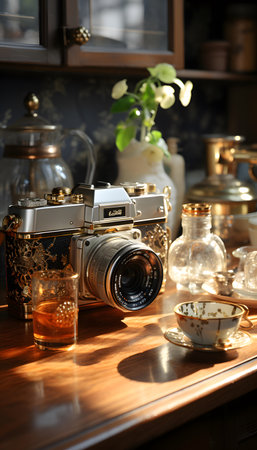 Vintage photo camera and teapot on wooden table in cafeの素材