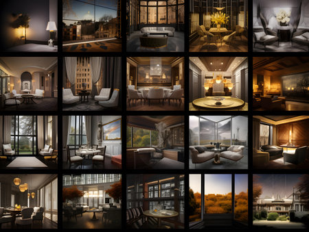 Interior of a modern living room in the evening. collageの素材