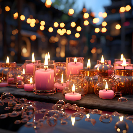 Burning candles in the shape of a heart with bokeh backgroundの素材