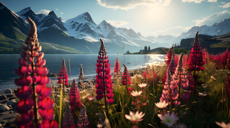 Beautiful alpine landscape with blooming pink lupine flowers, lake and snow-capped mountains in the backgroundの素材