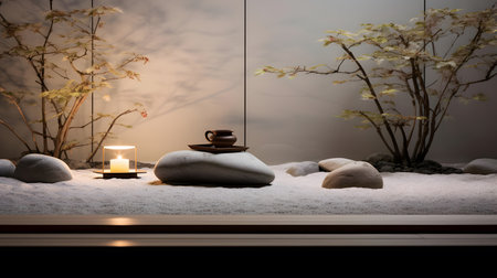 Spa still life with candle and stones on the background of the wallの素材