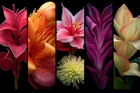 Collection of colorful tropical flowers isolated on black background. 3d illustrationsの素材
