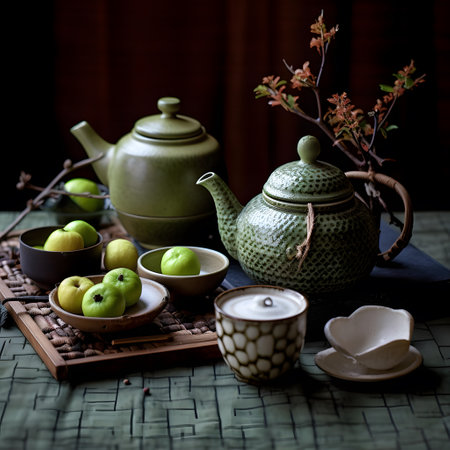 Still life of green tea in a teapot and green applesの素材