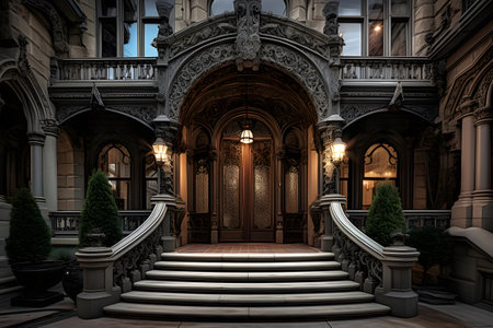 3D rendering of an old mansion with a staircase leading to the entranceの素材