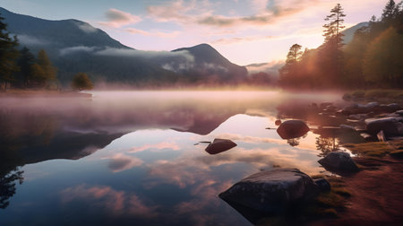 Mountain lake in the morning mist. Beautiful nature scene. Beautyworld.の素材
