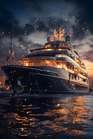 luxury yachts on the background of the city at sunsetの素材