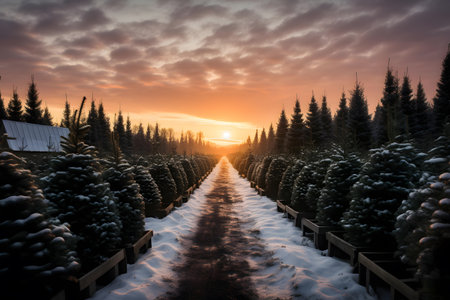 Winter landscape with snow covered fir trees and a path at sunset.の素材