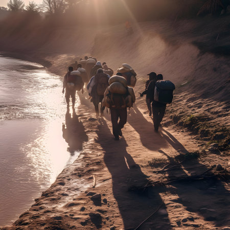 Group of tourists walking on the river in the morning. Shallow depth of fieldの素材