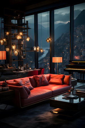 Modern living room interior with red sofa, piano and night city viewの素材