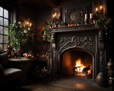 Luxury interior of the living room with fireplace, plants and candlesの素材