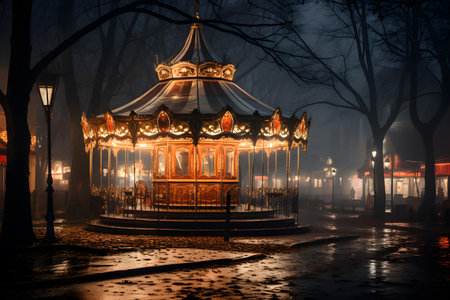 Wooden carousel in the park at night with foggy backgroundの素材