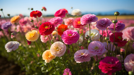 Ranunculus (Persian buttercups) in a fieldの素材