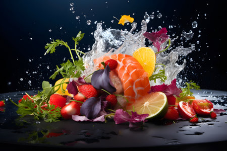 Salmon with vegetables, fruits and water splash on a black backgroundの素材