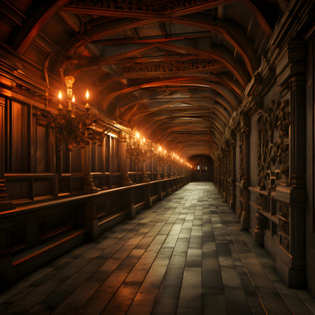 3d rendering of a long corridor in an ancient building at nightの素材