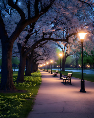 Park alley at night with blooming cherry trees and benches.の素材