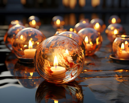 Burning candles in glass balls on a dark background. Selective focus.の素材