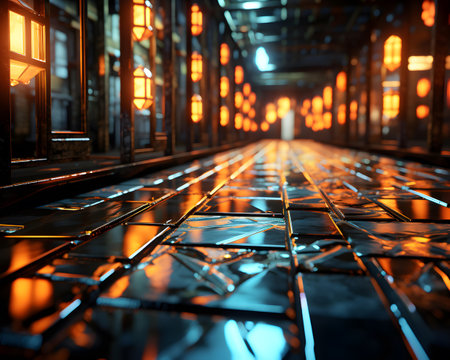 Futuristic corridor with glowing glass and reflections. 3d renderingの素材