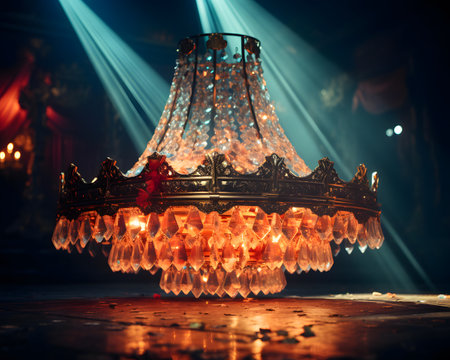 Beautiful crystal chandelier with burning candles in the dark roomの素材