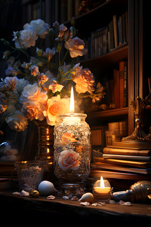 Burning candle in a candlestick, bookshelves and old booksの素材