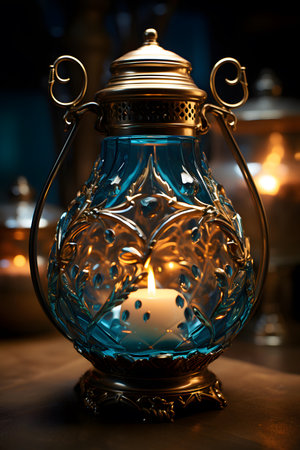 Vintage oil lamp with burning candle on the table. Selective focus.の素材