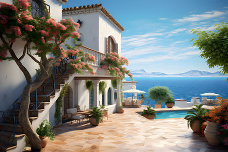Santorini island, Greece, Europe. 3D renderingの素材