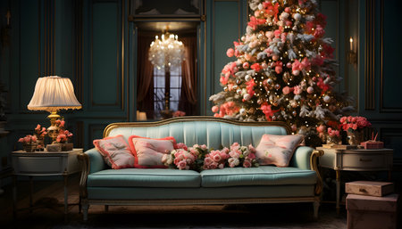 Luxury living room interior with a Christmas tree. 3d renderingの素材