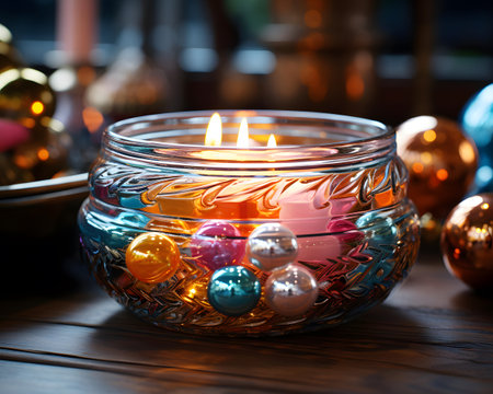 Burning candle in glass bowl with Christmas balls on wooden tableの素材