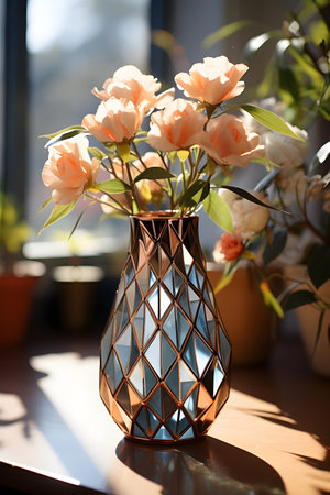 Vase with beautiful flowers on windowsill, closeup. Interior designの素材