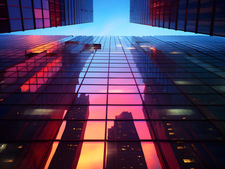3d render of skyscrapers in business district at sunset.の素材