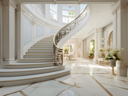 3d rendering luxury white hall with marble staircase and flower vaseの素材