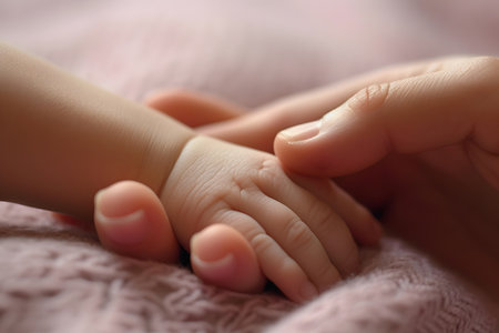 Mother holding her newborn baby hand, closeup. Motherhood conceptの素材