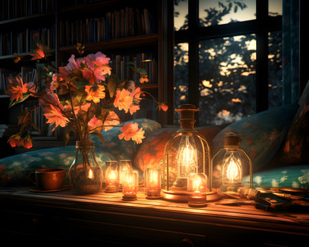 Vintage interior with flowers in vase, bookshelf, books and candlesの素材